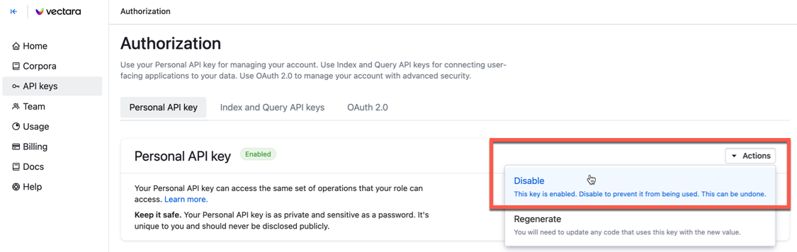 Disable Personal API Key